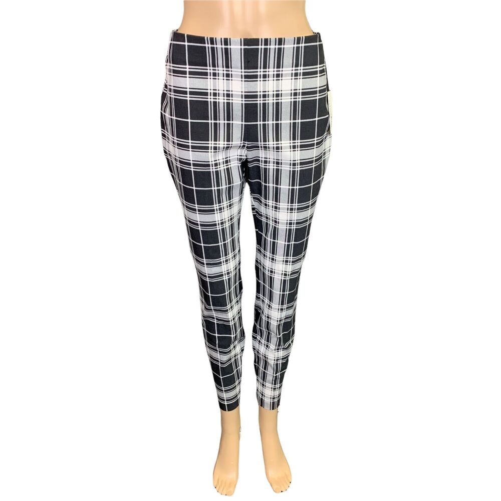 NWT Maison Jules Plaid Crop Skinny Ankle Pants Black White Pull On Medium